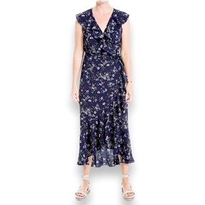 Max Studio Ruffle Floral True Wrap High Low Maxi Dress Navy Women’s Size M